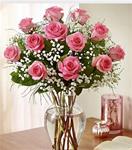 1h. Dozen Pink Roses in Vase