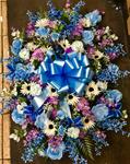 08..  Large Spray of Silk Flowers with Blue Bow
